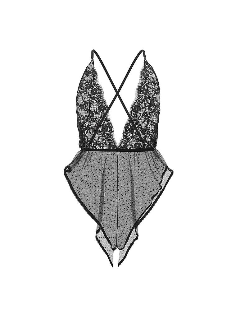 Sheer Dot Mesh & Lace Plunge Flutter Romper