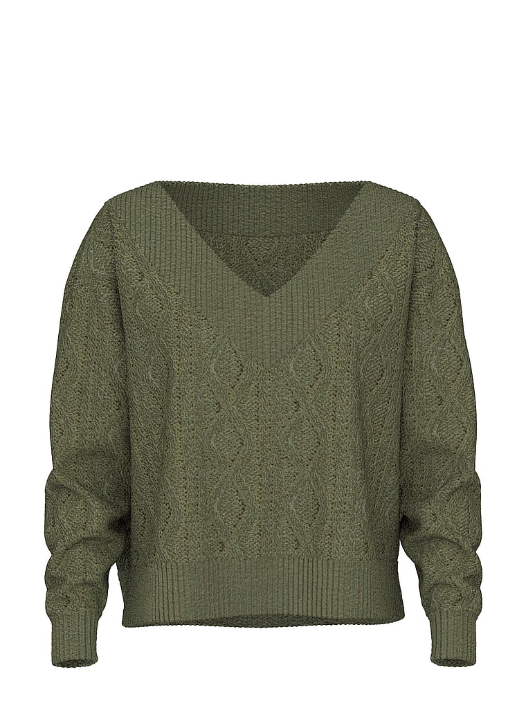 PINK Oversized Cable Knit V-Neck Sweater, Slate Green, offModelFront, 3 of 3