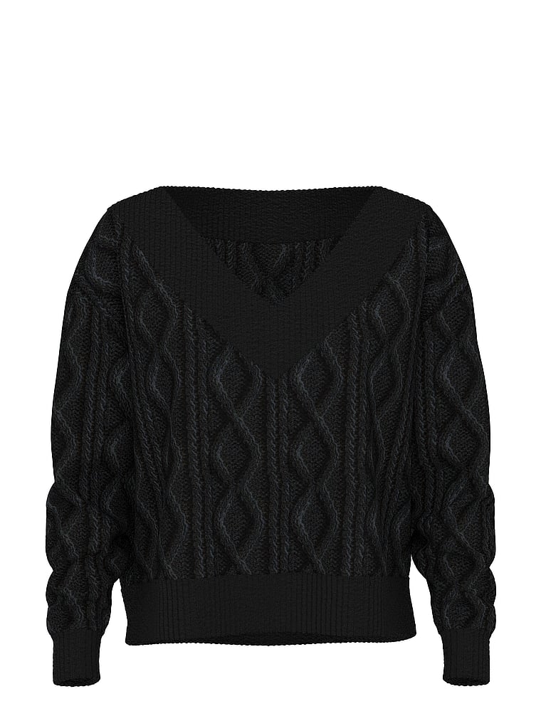 PINK Oversized Cable Knit V-Neck Sweater, Pure Black, offModelFront, 3 of 3