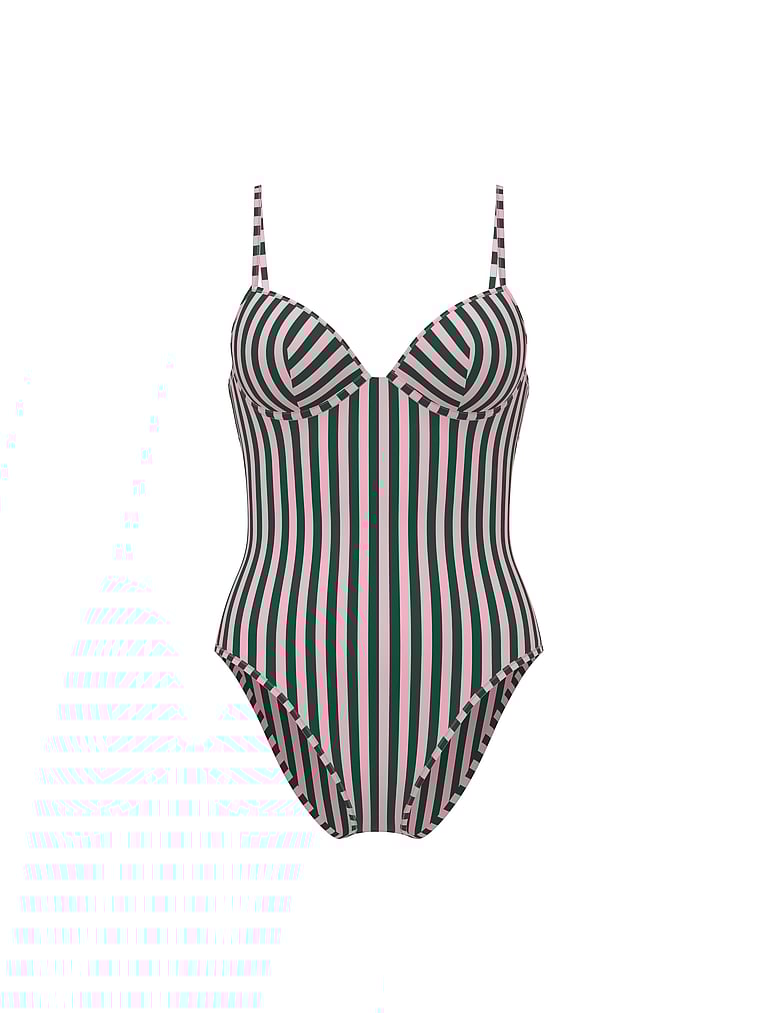 Victoria's Secret, Victoria's Secret Swim Heritage Stripe Balconette Cheeky One-Piece Swimsuit, Pink & Green Stripes, offModelFront, 3 of 3