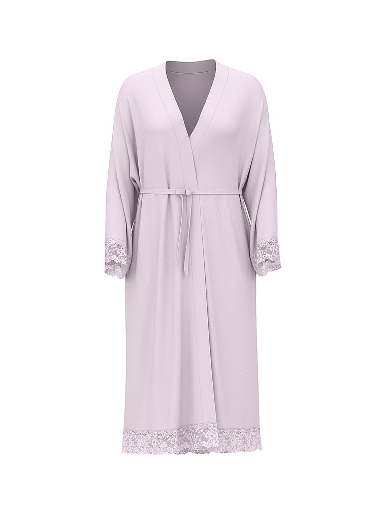 Victoria's Secret, Victoria's Secret SoSoft™ Modal Lace-Trim Robe, Crystal Lilac, offModelFront, 4 of 5