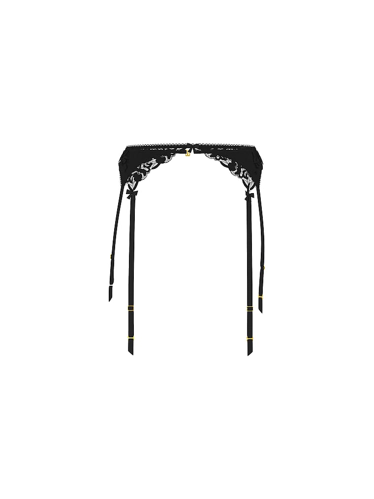 Victoria's Secret, Dream Angels Pop Floral Embroidery Garter Belt, Black, offModelFront, 3 of 4