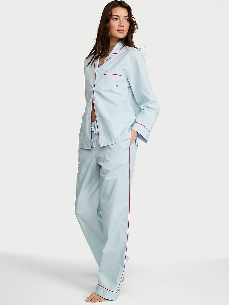 Victoria's Secret, Victoria's Secret Heritage Cotton Long Pajama Set, Celestial Blue, onModelFront, 1 of 4 Kennidy is 5'11" or 180cm and wears S/Long