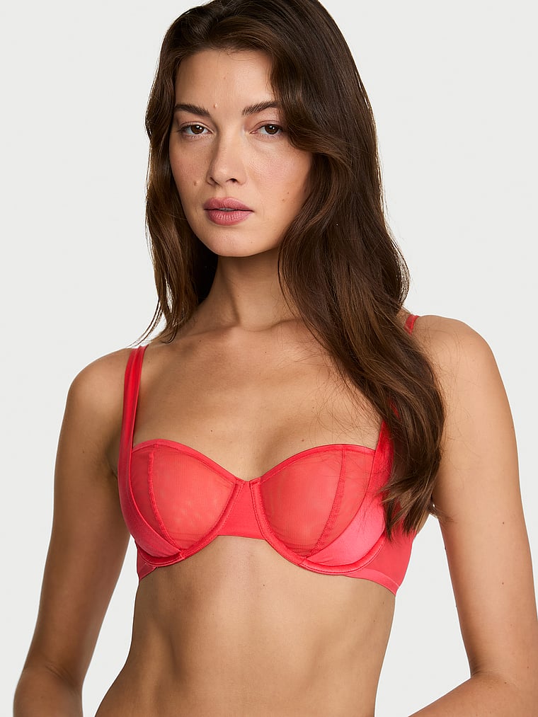 Victoria's Secret, Very Sexy Sheer Reveal Unlined Balconette Bra, Hot Coral, onModelFront, 1 of 3 Kennidy is 5'11" or 180cm and wears 34B or Small