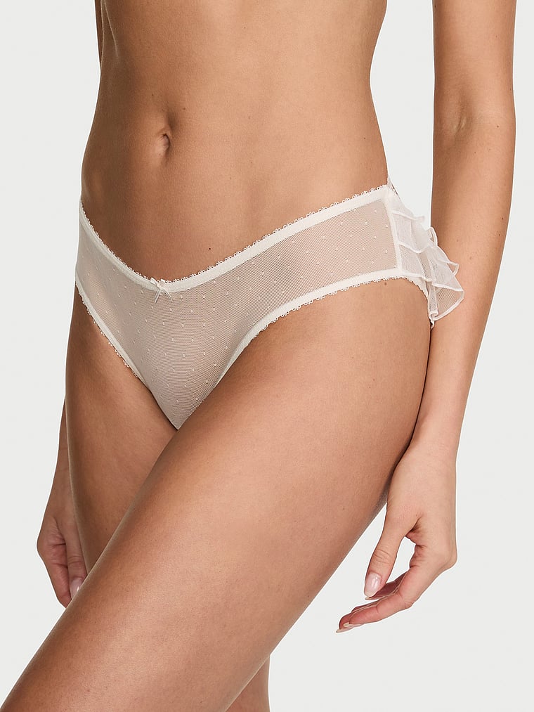 Victoria's Secret, Victoria's Secret Tease Mesh Lace-Trim Cheeky Panty, Coconut White, featured, 1 of 3 Kennidy is 5'11" and wears Small