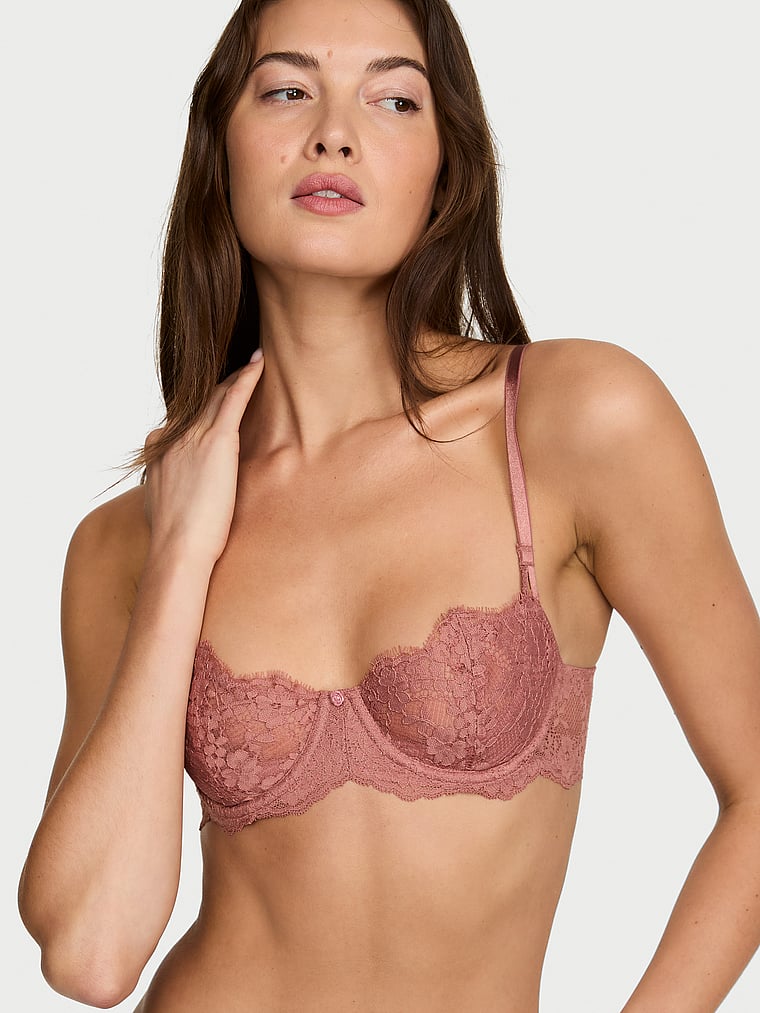 Victoria's Secret, Dream Angels Wicked Unlined Lace Balconette Bra, Antique Rose, onModelFront, 1 of 5 Kennidy is 5'11" and wears 34B or Small