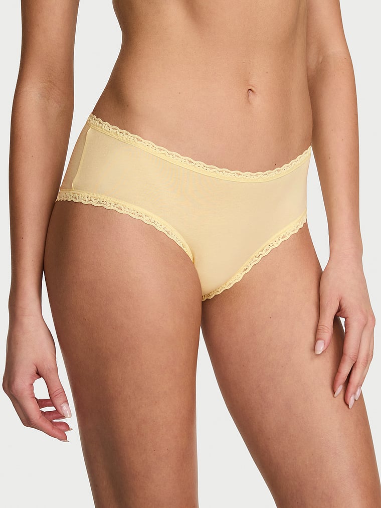 Victoria's Secret, Lace Trim Cotton Pointelle Lace-Waist Cheeky, Sunny Honey, onModelFront, 1 of 3 Kennidy is 5'11" and wears Small