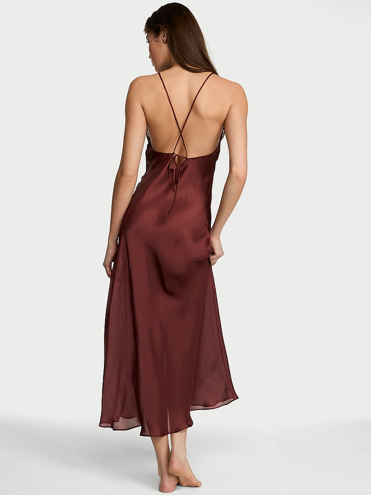 Victoria's Secret, Victoria's Secret Luxe Sheer Satin Long Slip Dress, Cherrywood, onModelBack, 2 of 4 Kennidy is 5'11" and wears Small