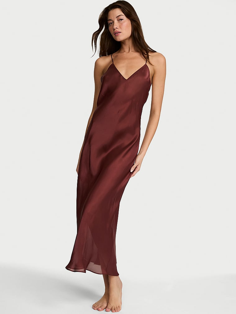 Victoria's Secret, Victoria's Secret Luxe Sheer Satin Long Slip Dress, Cherrywood, onModelFront, 1 of 4 Kennidy is 5'11" and wears Small