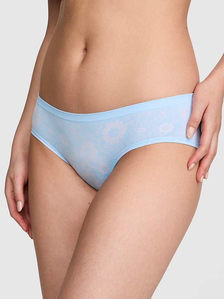 PINK Seamless Hiphugger Panty, Spray Blue Floral Print, onModelFront, 1 of 3 Gloria is 5'9" and wears Small