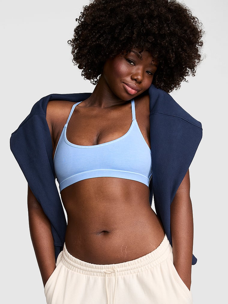 PINK All-Day Cotton™ Low-Scoop Racerback Bra, Blue Dancer, onModelFront, 1 of 3 Fanta is 5'11" and wears 34D or Medium