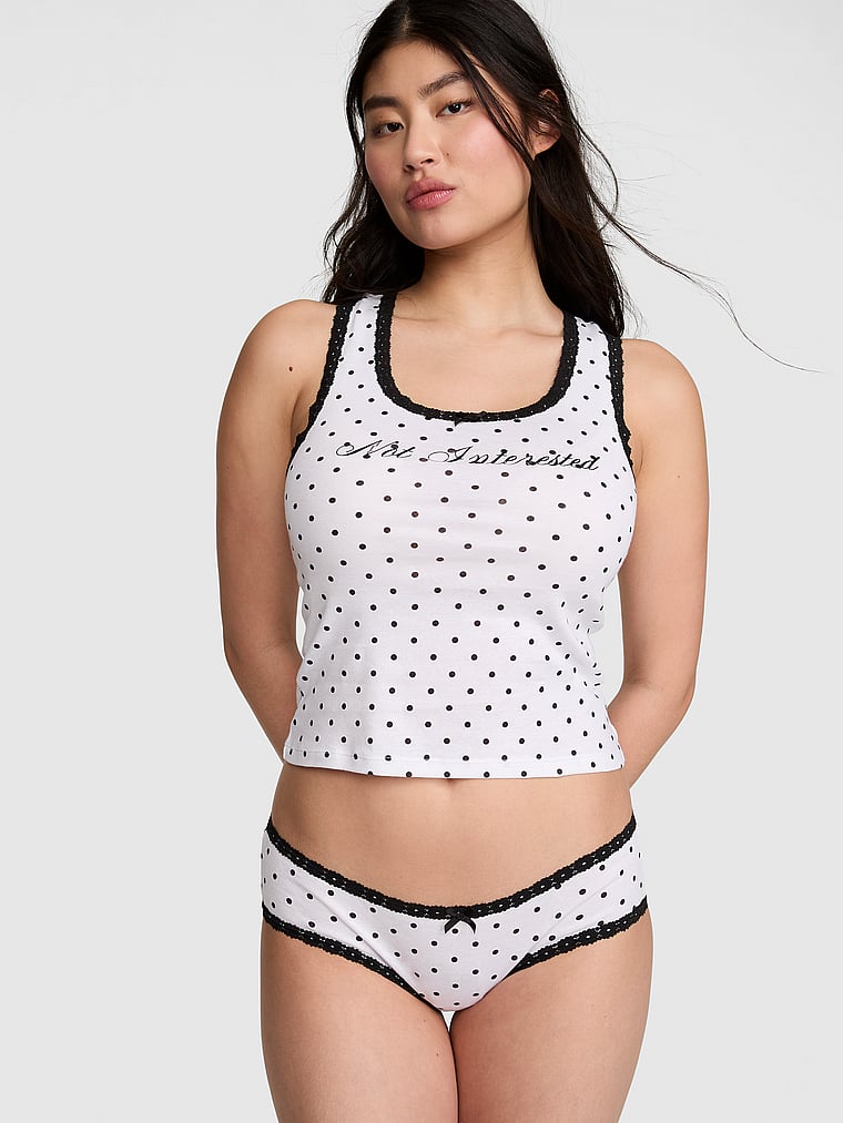 PINK Lace-Trim Tank Top & Panty Set, Black and White Dot , onModelFront, 1 of 4
