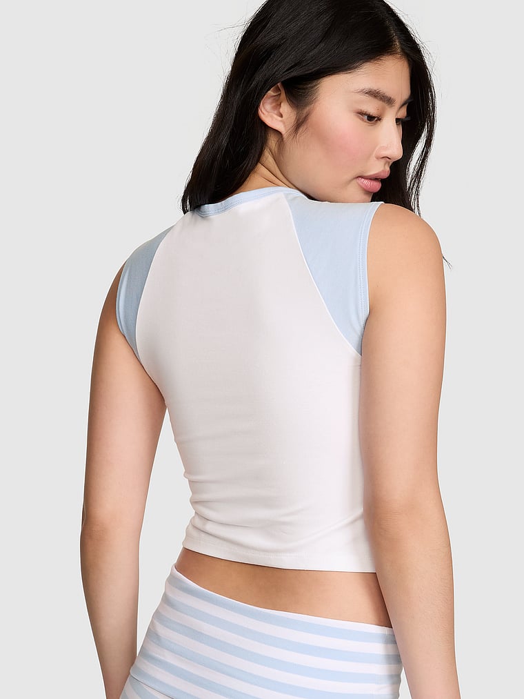 PINK by Frankies Bikinis Graphic Cotton Tee, White & Blue Quartz, onModelBack, 2 of 4 Gloria is 5'9" and wears Small