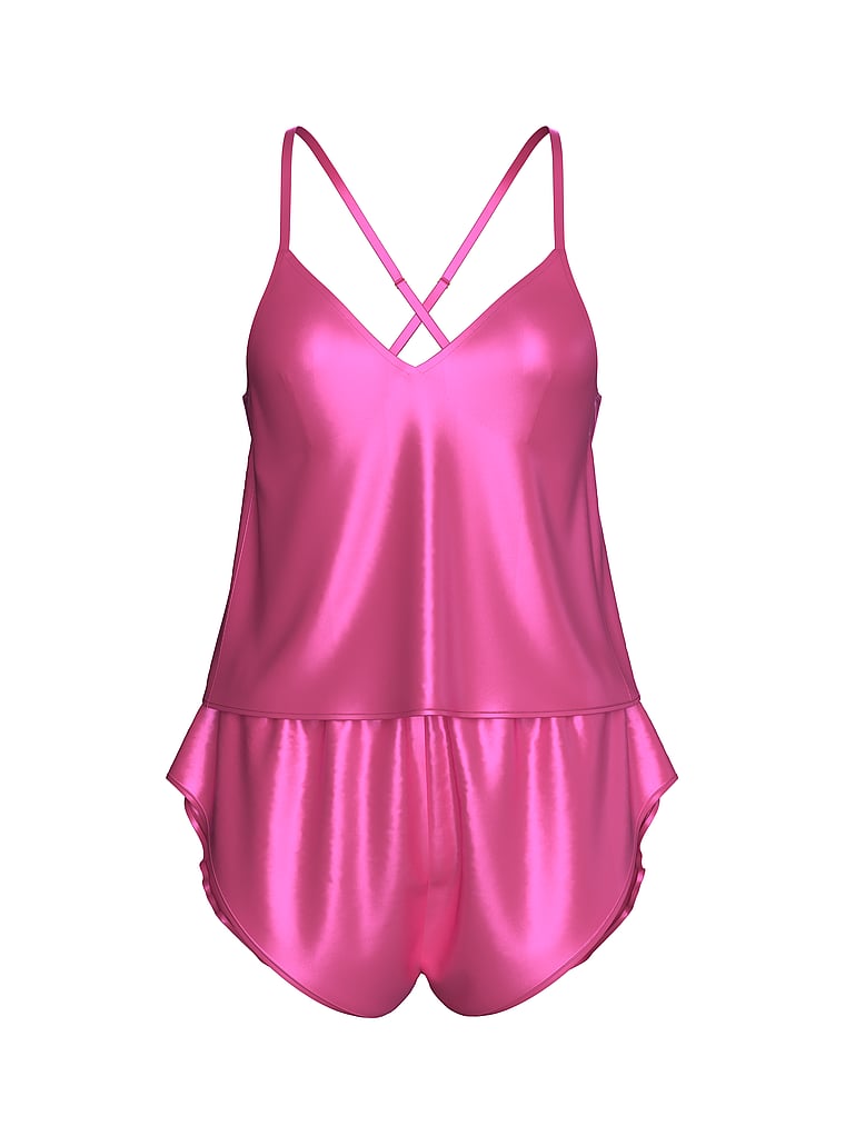 Victoria's Secret, Victoria's Secret Satin Open-Back Cami & Shorts Set, Rose Garden, offModelFront, 3 of 3