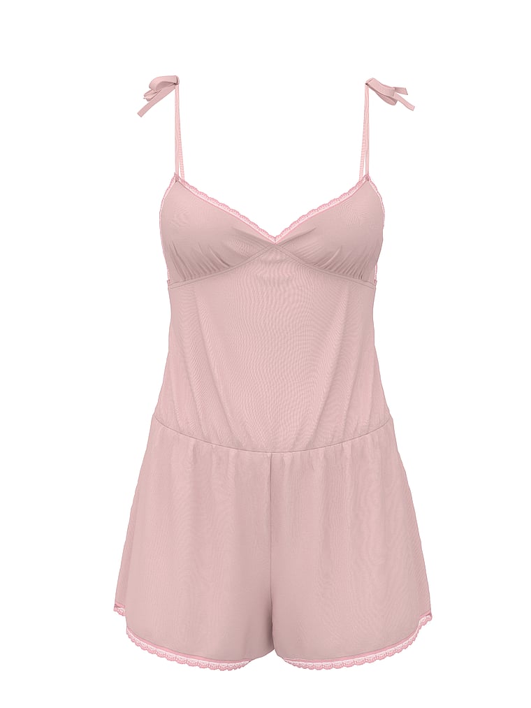 Victoria's Secret, Victoria's Secret SoSoft™ Modal Bow Short Romper, Angel Pink, offModelFront, 3 of 4
