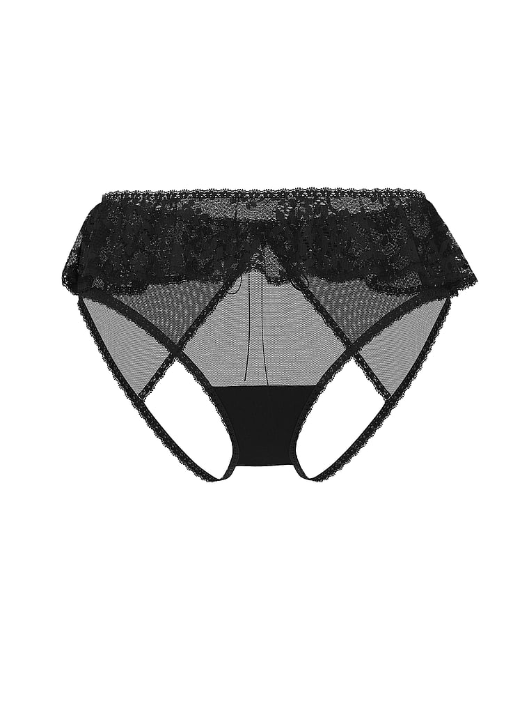 Victoria's Secret, Dream Angels Heritage Mesh Lace-Trim Ruffle Open-Back Panty, Black, offModelFront, 3 of 3