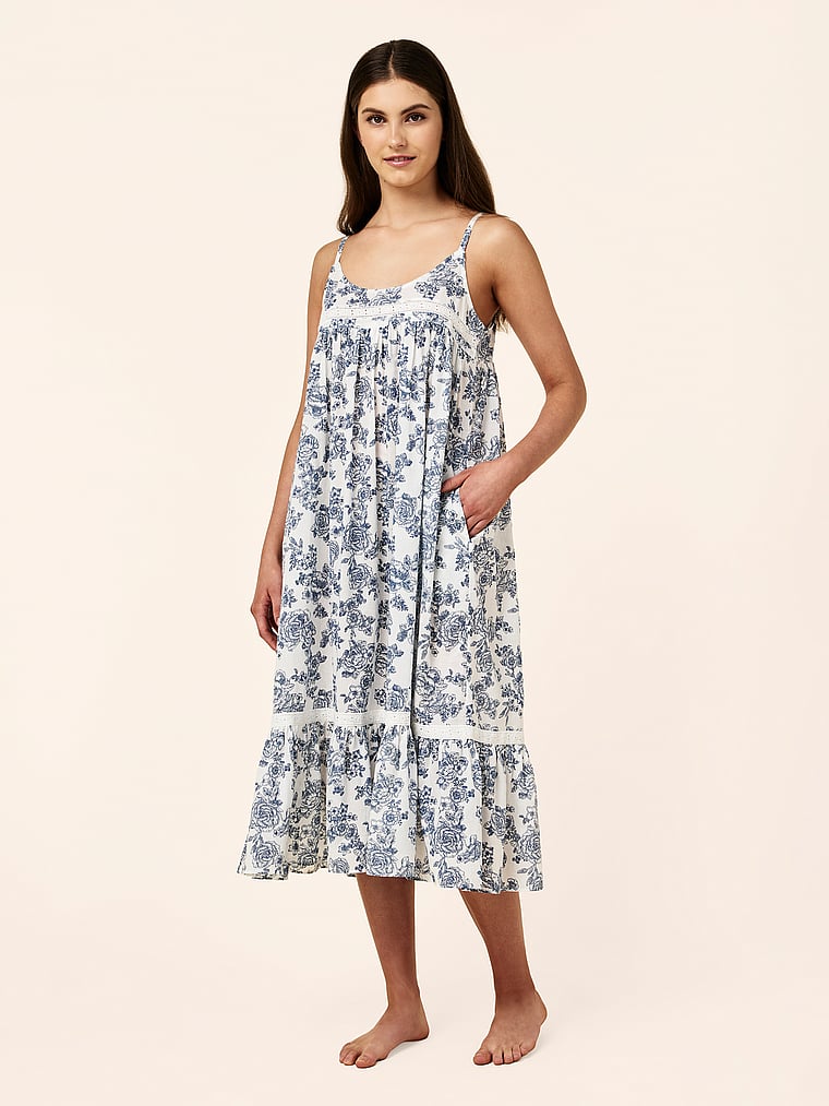 Victoria's Secret, Papinelle Nostalgia Strappy Lace-Trim Nightie, Blue Floral, onModelFront, 1 of 4