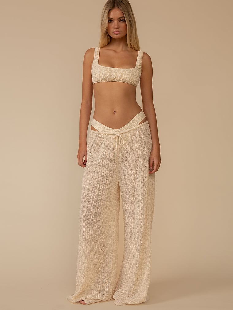 Victoria's Secret, Montce Amalia Texture Wide-Leg Drawstring Pant, White/Ivory, onModelBack, 2 of 4