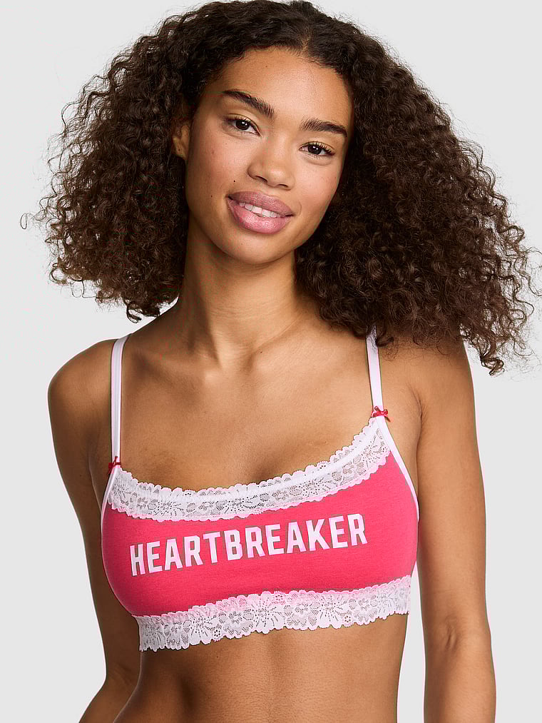 PINK Cotton Unlined Lace-Trim Scoop Bralette, Candy Pink Heartbreaker, onModelFront, 1 of 3