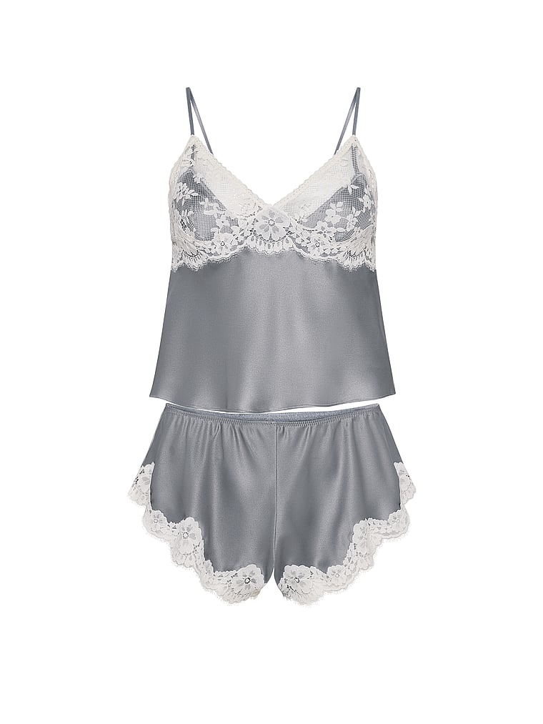Victoria's Secret, Dream Angels Satin Lace-Trim Cami & Flutter Shorts Set, Sterling, offModelFront, 3 of 3