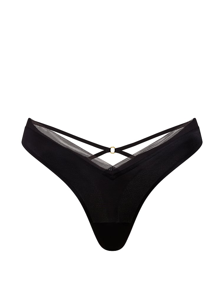 Victoria's Secret, Very Sexy Lace Strappy Hardware Peekaboo Thong Panty, Black, offModelFront, 3 of 3