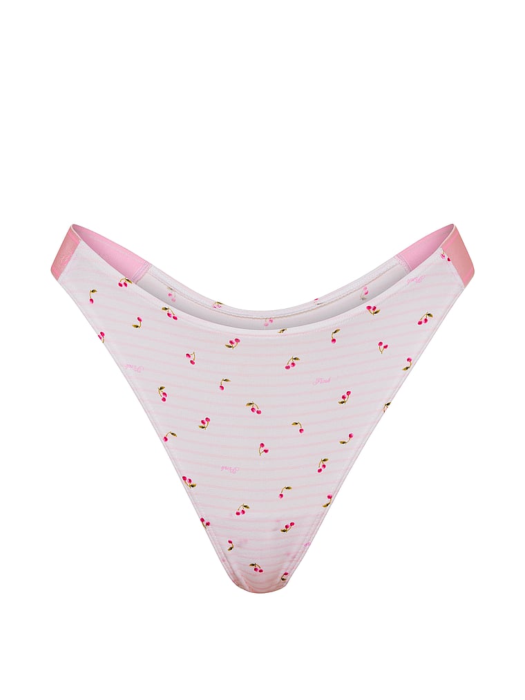 PINK Logo Thong Panty, Pink Tulip Stripe Cherry Print, offModelFront, 3 of 3