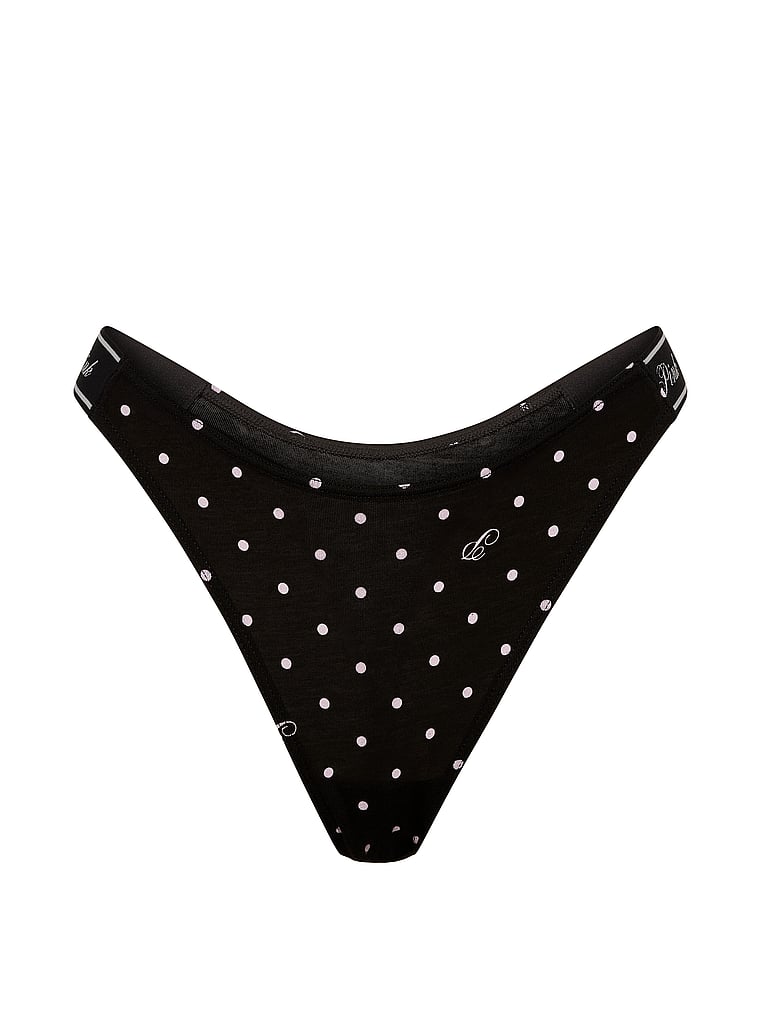 PINK Logo Thong Panty, Black Dot "P" Script, offModelFront, 3 of 3