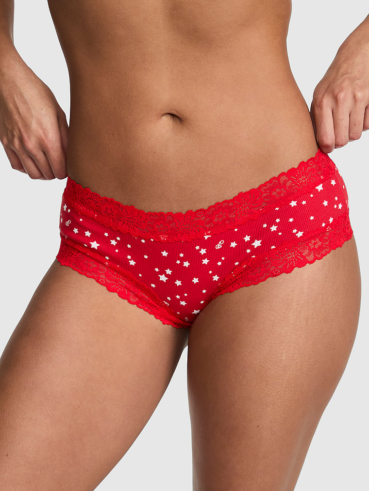 PINK PINK Wink™ Lace-Trim Cotton Cheeky Panty, Red Star Print, onModelFront, 1 of 3