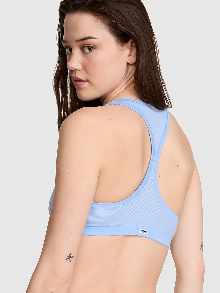 PINK Cotton Dorm Unlined Racerback Bralette, Blue Dancer, onModelBack, 2 of 3 Sofia is 5'10" and wears 34B or Small