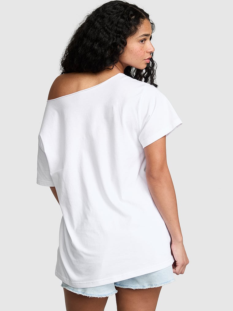 PINK Campus Cotton™ Off-The-Shoulder Tee, White, onModelBack, 2 of 3