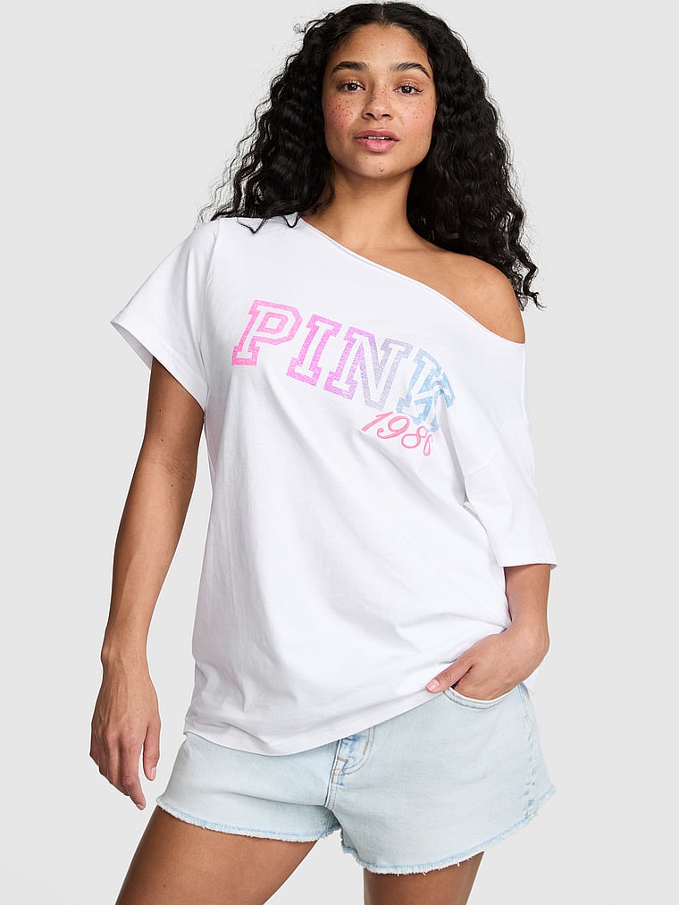 PINK Campus Cotton™ Off-The-Shoulder Tee, White, onModelFront, 1 of 3