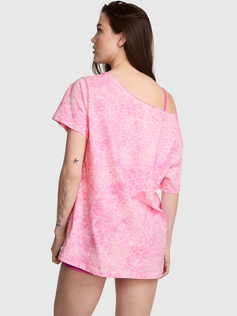 PINK Campus Cotton™ Off-The-Shoulder Tee, Pink Leopard, onModelBack, 2 of 3 Sofia is 5'10" or 178cm and wears Small