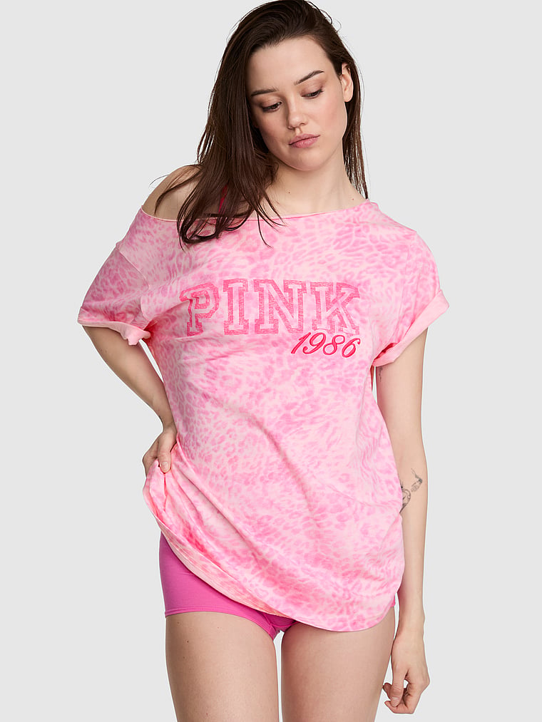 PINK Campus Cotton™ Off-The-Shoulder Tee, Pink Leopard, onModelFront, 1 of 3 Sofia is 5'10" or 178cm and wears Small