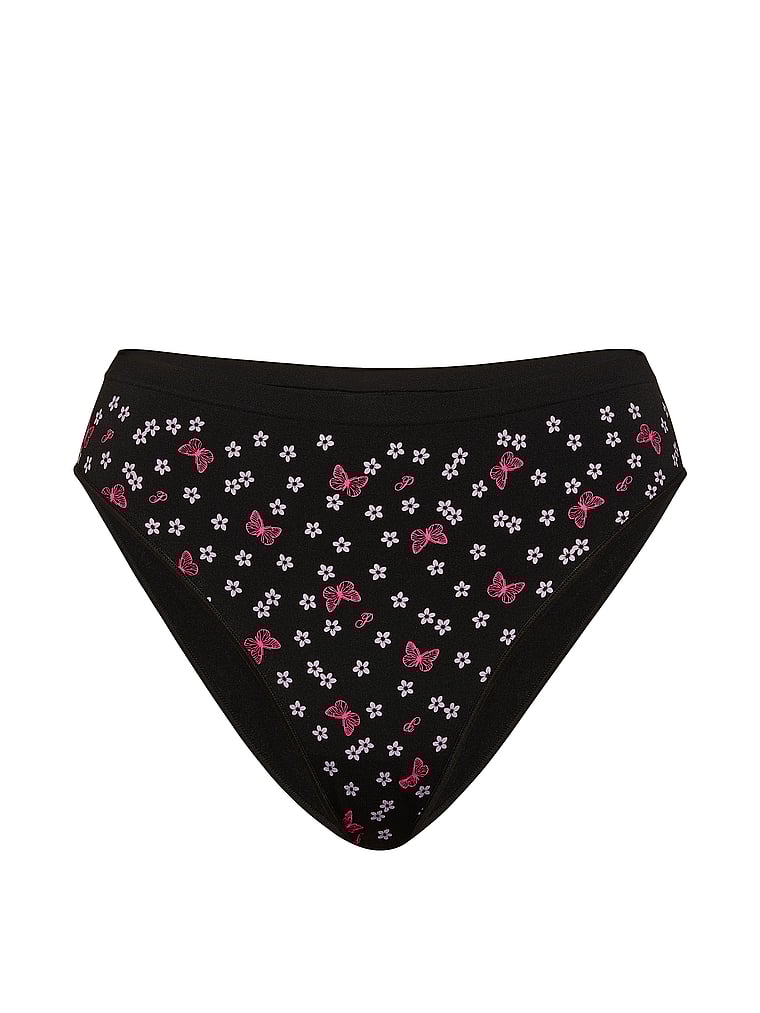PINK Seamless Brazilian Panty, Black Butterfly Hibiscus Print, offModelFront, 3 of 3