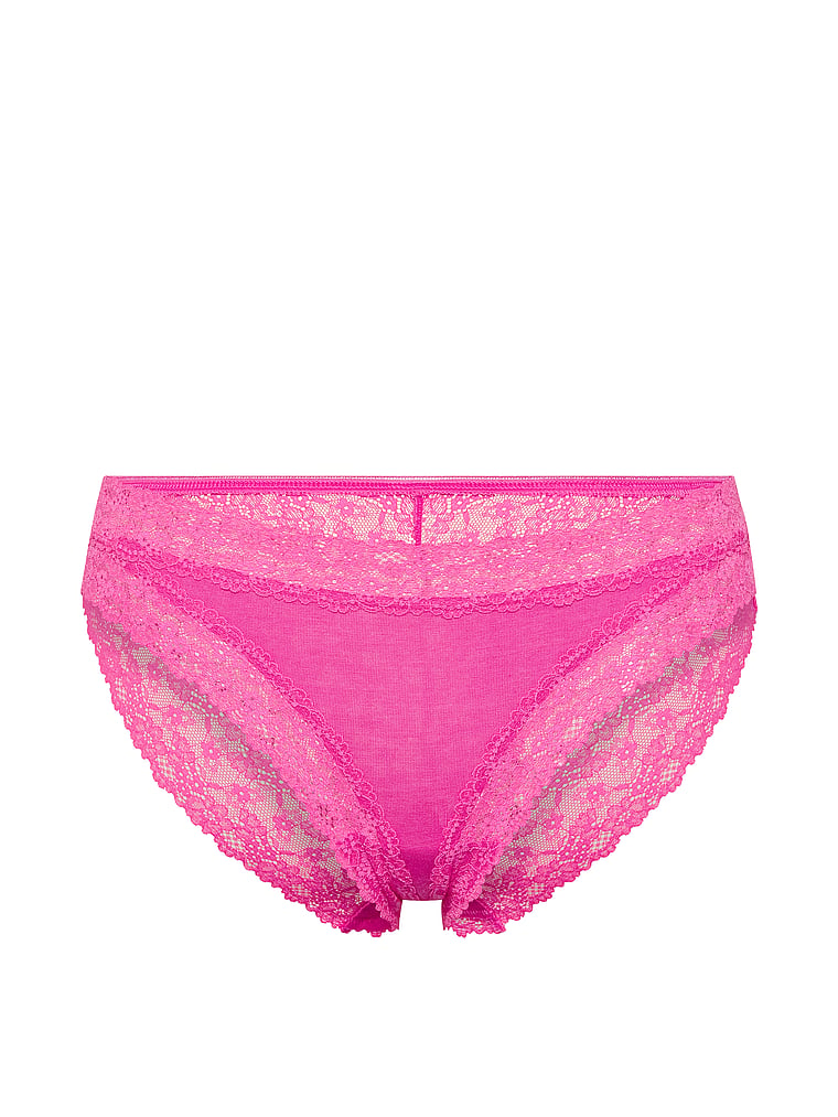 Victoria's Secret, Lace Trim Cotton Lace-Trim Bikini Panty, Flower Pink, offModelFront, 3 of 3