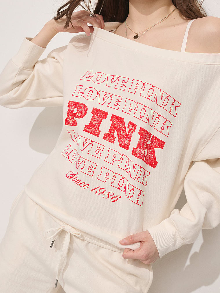 PINK Campus Fleece™ Rib Off-The-Shoulder Sweatshirt, Winter White, onModelFront, 3 of 4