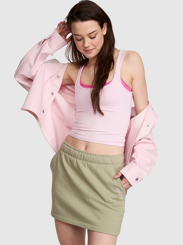 PINK Campus Fleece™ Skort, Slate Green, onModelFront, 1 of 3 Sofia is 5'10" or 178cm and wears Small