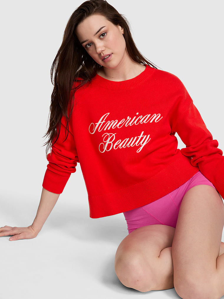 PINK Not Your Boyfriend’s Boxy Sweater, Bright Vermillion, onModelFront, 1 of 3 Sofia is 5'10" or 178cm and wears Small