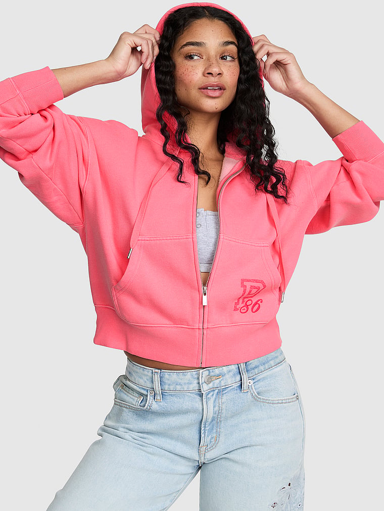 PINK Campus Fleece™ Shrunken Full-Zip Hoodie, Vivid Pink, onModelFront, 1 of 4