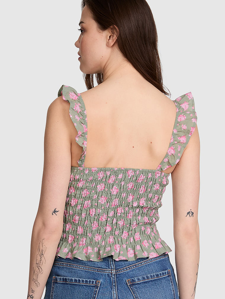 PINK Flirty Fit Smocked Tank Top, Slate Green Floral, onModelBack, 2 of 3 Sofia is 5'10" and wears Small