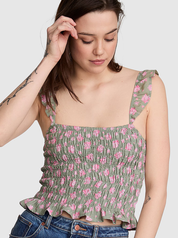 PINK Flirty Fit Smocked Tank Top, Slate Green Floral, onModelFront, 1 of 3 Sofia is 5'10" and wears Small