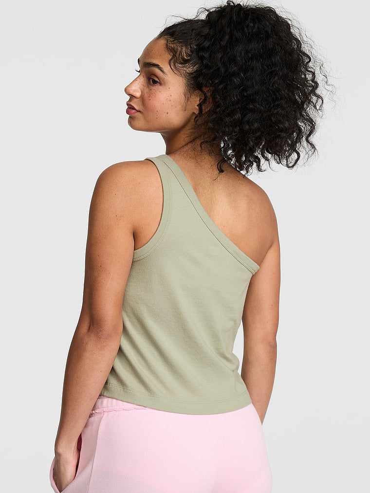 PINK Dream Jersey One-Shoulder Tank Top, Slate Green, onModelBack, 2 of 3