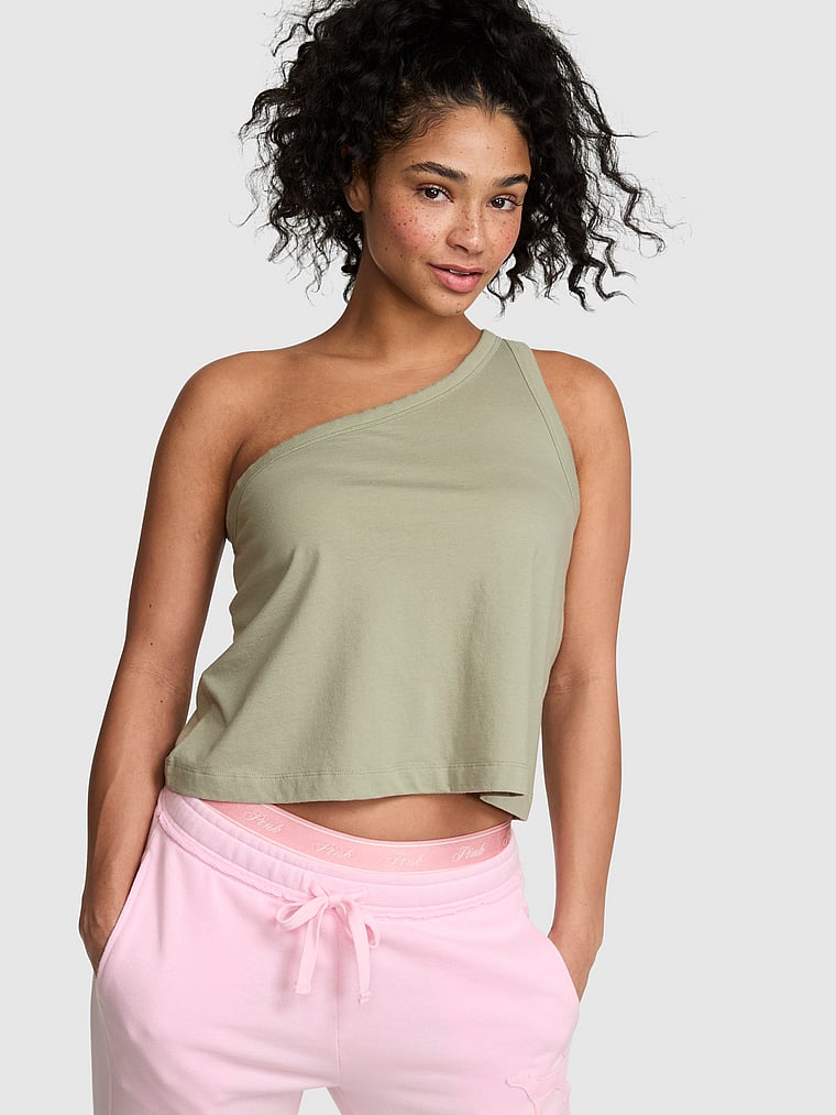 PINK Dream Jersey One-Shoulder Tank Top, Slate Green, onModelFront, 1 of 3