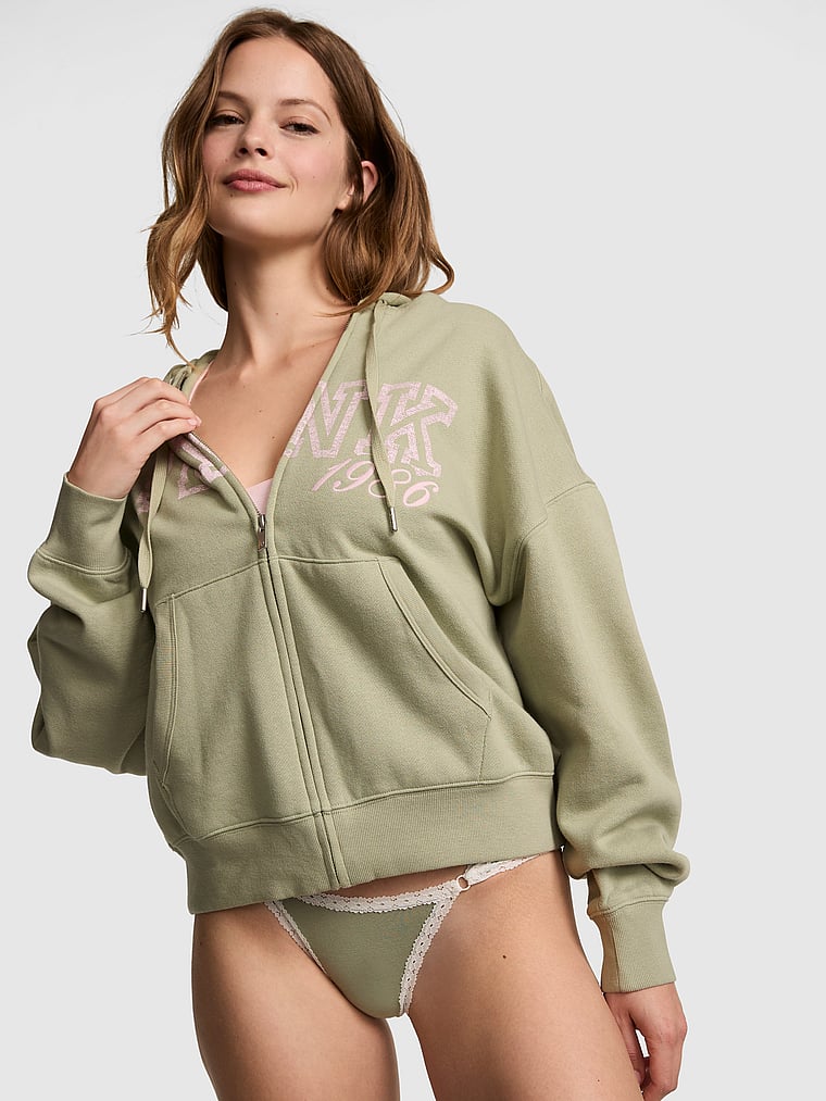 PINK Campus Fleece™ Full-Zip Hoodie, Slate Green, onModelFront, 1 of 3 Taylor is 5'8" or 173cm and wears Small