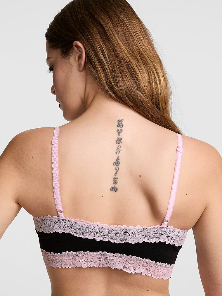 PINK Cotton Unlined Lace-Trim Front-Close Triangle Bralette, Black, onModelBack, 2 of 3 Taylor is 5'8" and wears 32B or Small