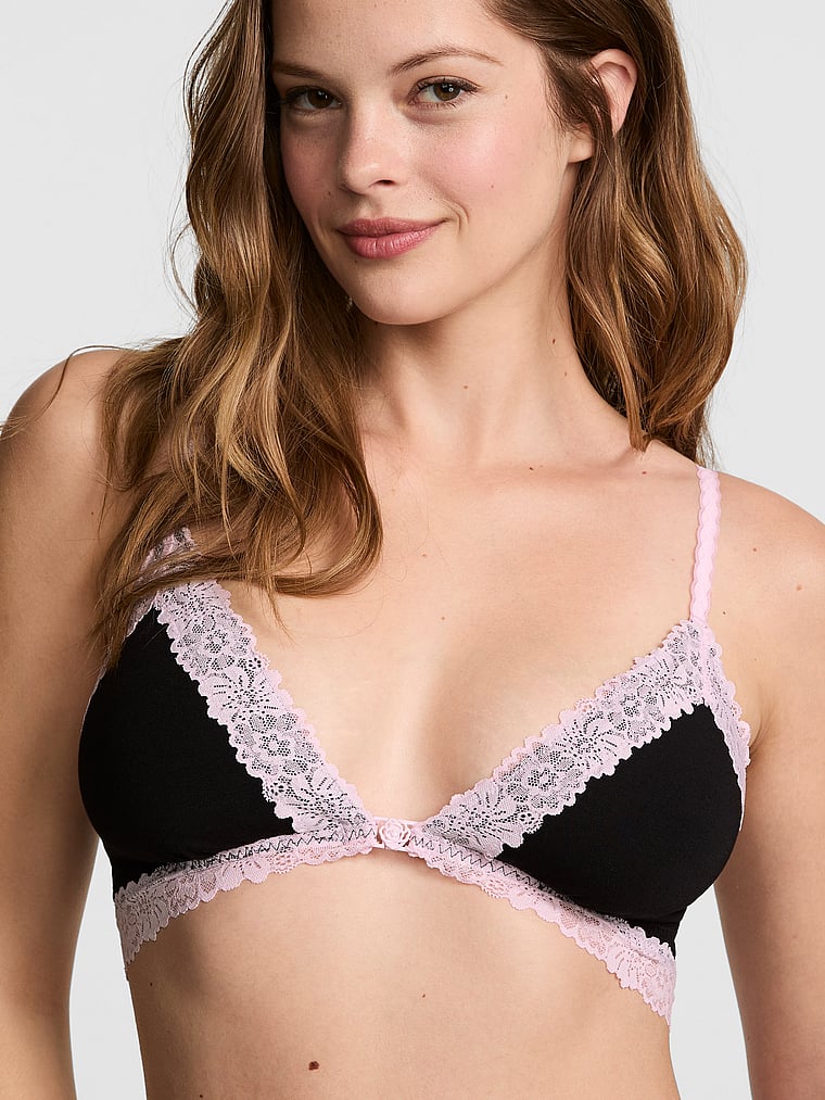 Cotton Unlined Lace-Trim Front-Close Triangle Bralette