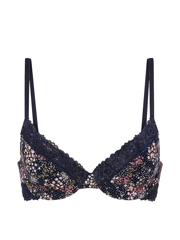 PINK Wear Everywhere Wear Everywhere™ Lightly Lined Full Coverage T-Shirt Bra, Noir Navy Floral, offModelFront, 4 of 4