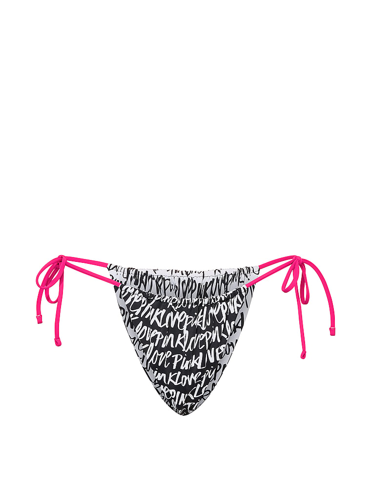 PINK SWIM Reversible Side-Tie Cheeky Bikini Bottom, Love PINK Script, offModelFront, 4 of 6