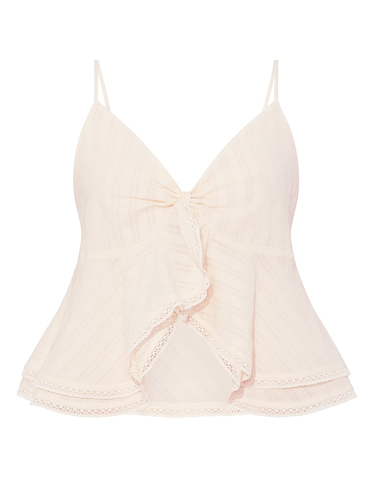 PINK High-Low Lace-Trim Ruﬄe Cami, Winter White, offModelFront, 3 of 3