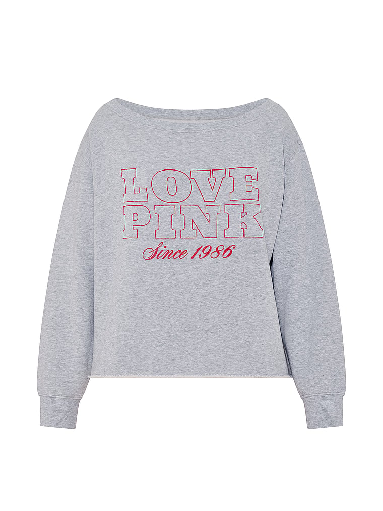 PINK Campus Fleece™ Rib Off-The-Shoulder Sweatshirt, Medium Heather Grey, offModelFront, 2 of 4